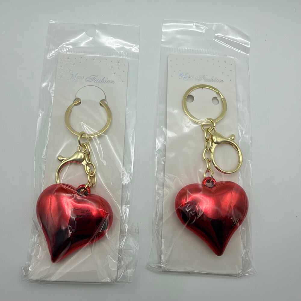 Red Heart Keychain Bag Charms Set of 2 Metallic Heart Gold Tone NEW